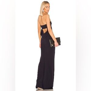 Katie may Mary Kate navy cowl back strapless gown